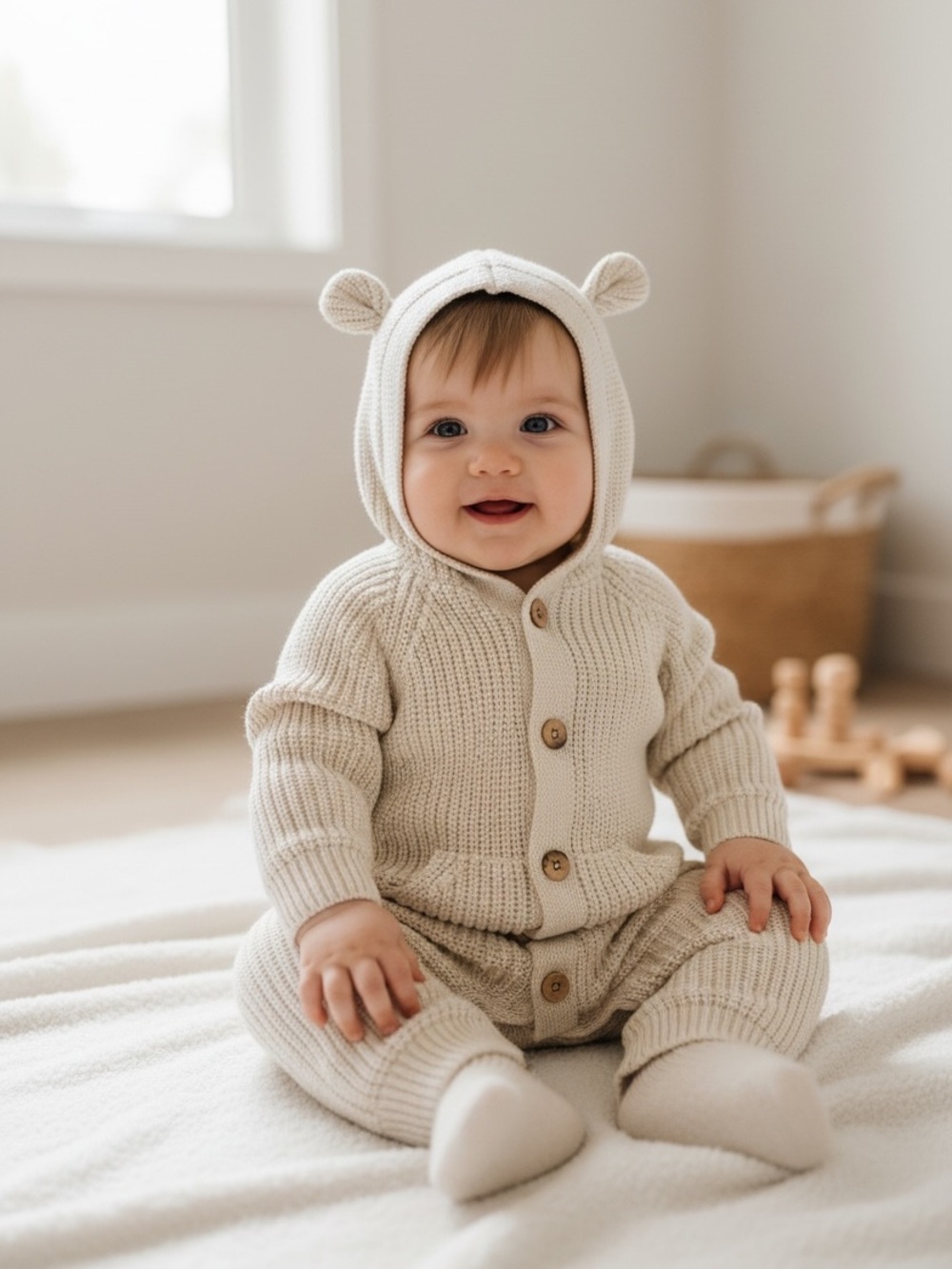Jamie Kay Gray Bear Knit Onepiece Knit Hooded Baby Romper with Bear Ears 6-12M